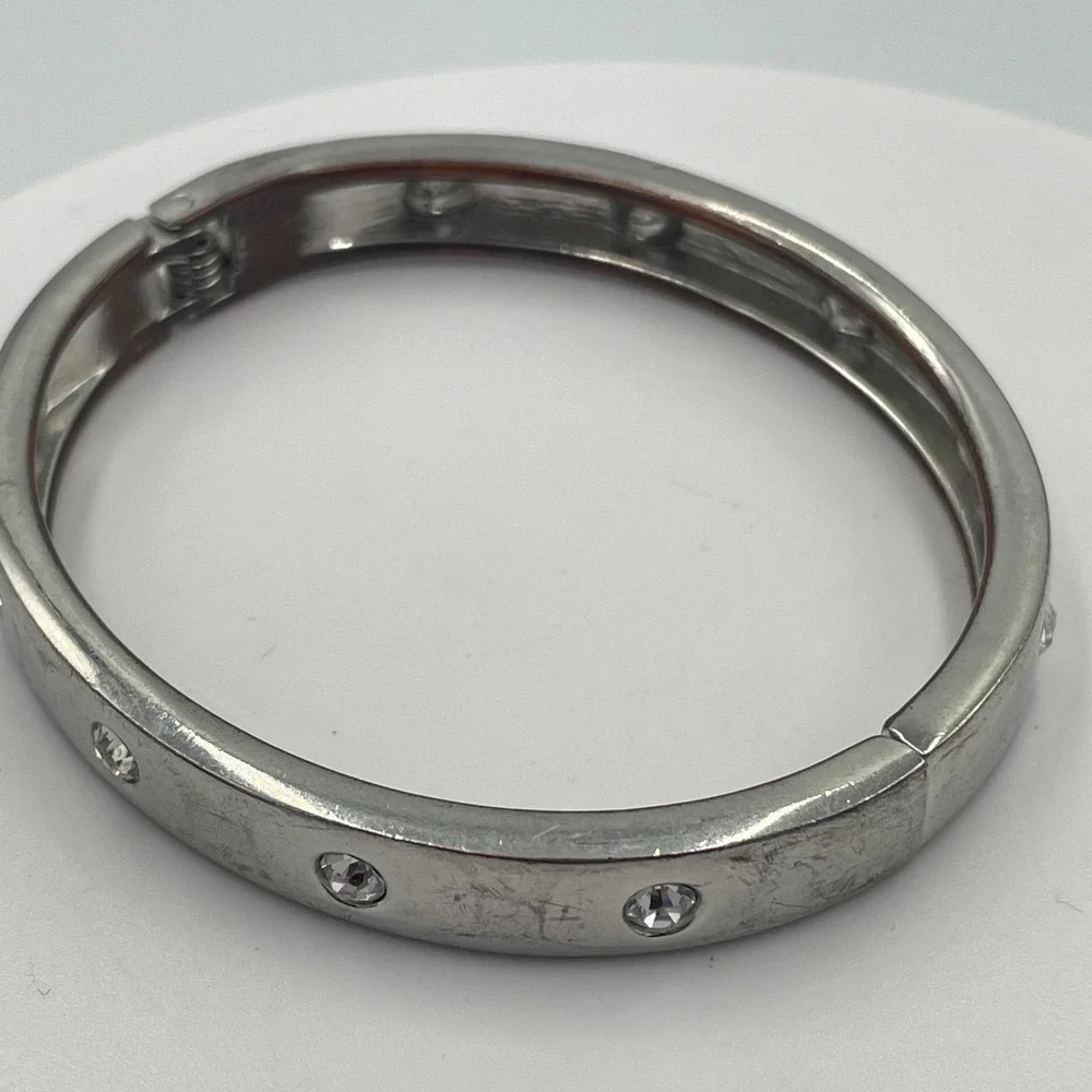 Vintage Y2K Silver Tone Rhinestone Inset Hinge Bangle Minimalist Bracelet